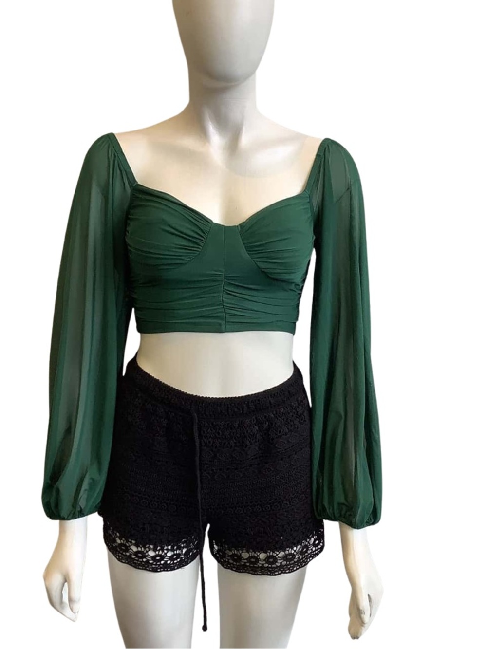 Green Ruched Crop Top Puff Sleeve Mesh Long Sleeve Sweetheart Neck Blouse Small